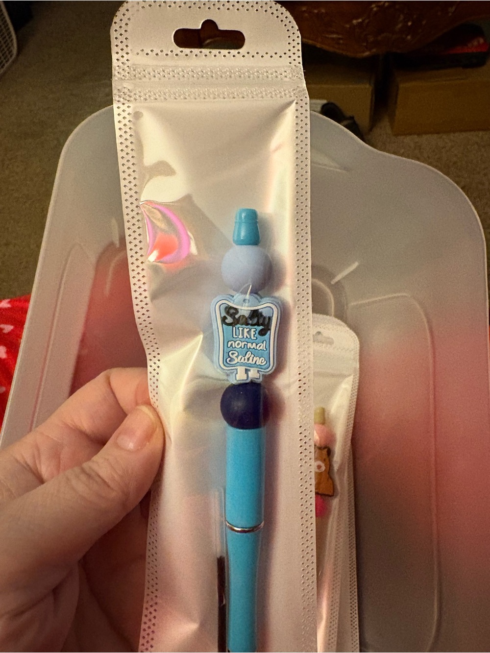 Blue Kids Novelty Bead Pen with 'Like Normal Saline' Charm